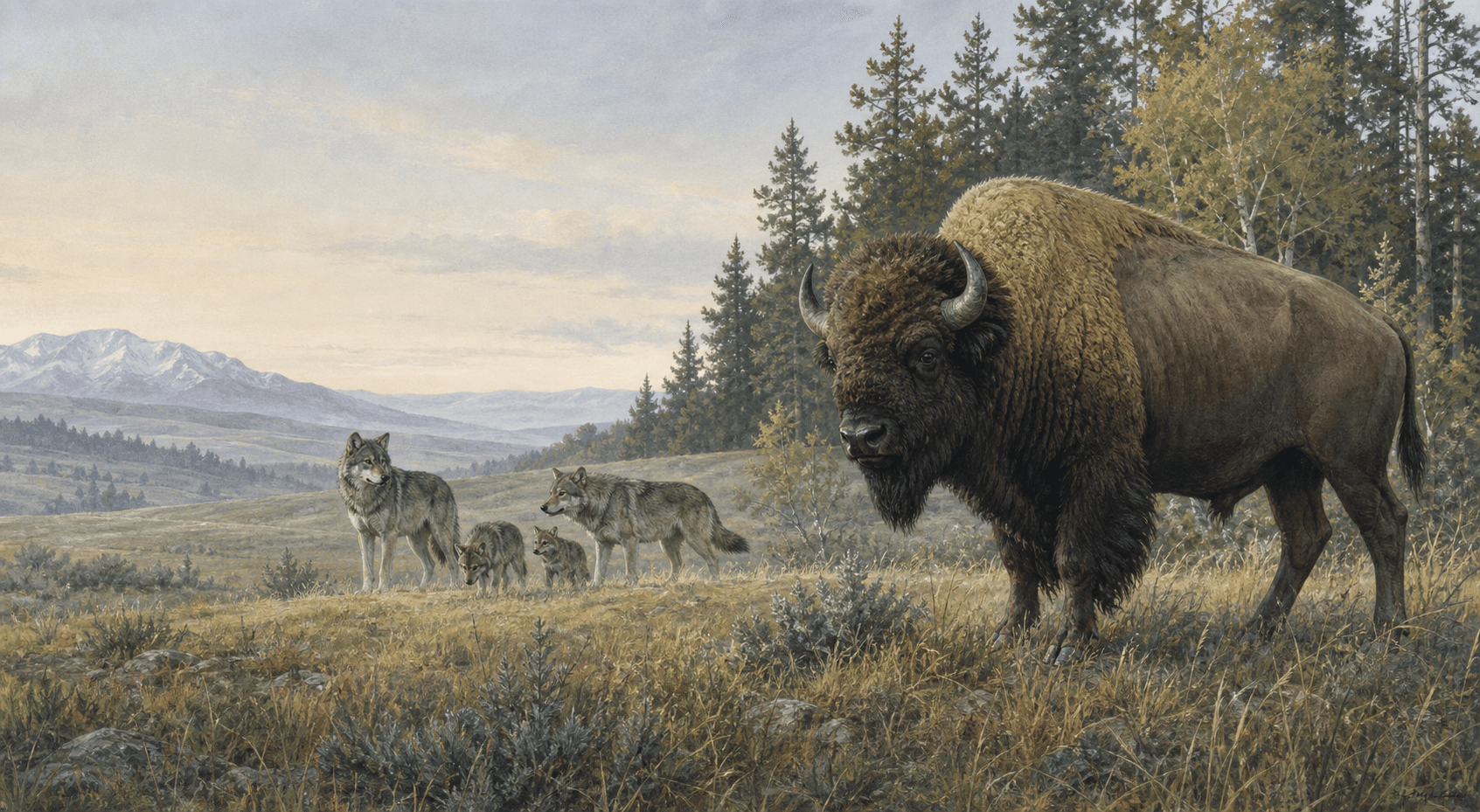 An editorial natural-history illustration of an American bison with a gray wolf family in open grassland